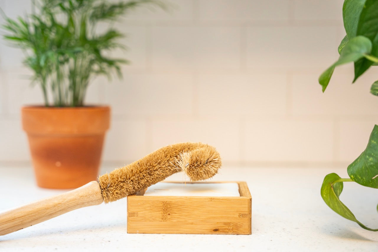 bamboo and plant fibers bottle brush with solid dish soap block and soap holder