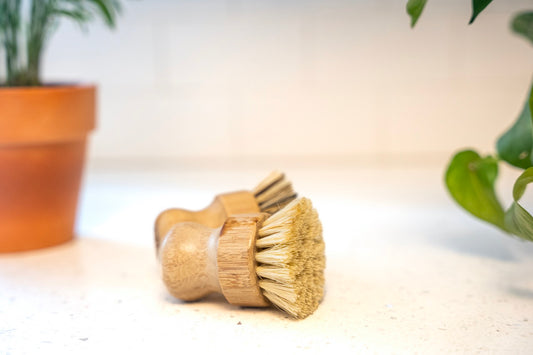 Bamboo dish brush and pot scrubber made with agave plant fibers 